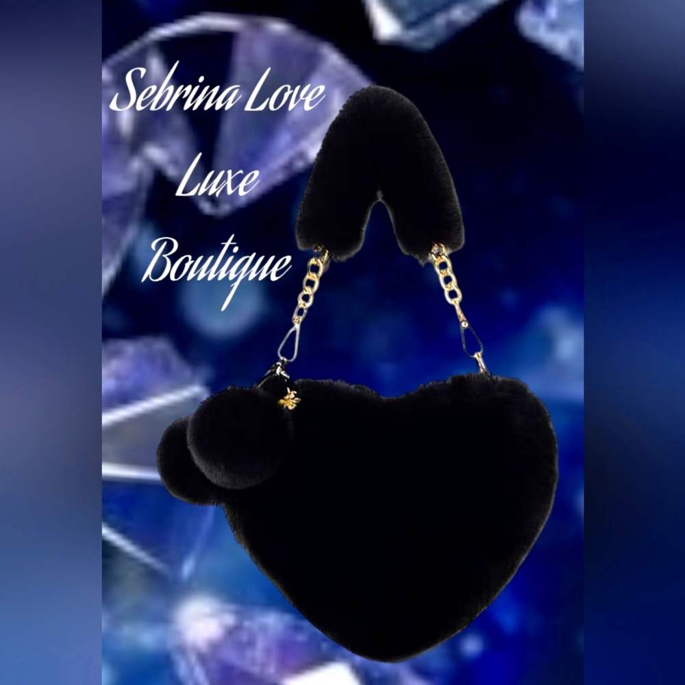 Plush Black Faux Fur Heart Purse